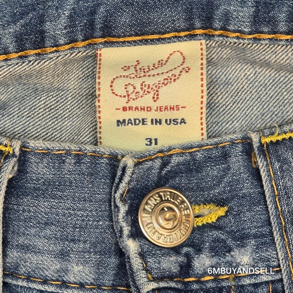 True‎ Religion Ricky Straight Leg Jeans Mens 34 Light Wash Distressed USA Y2K